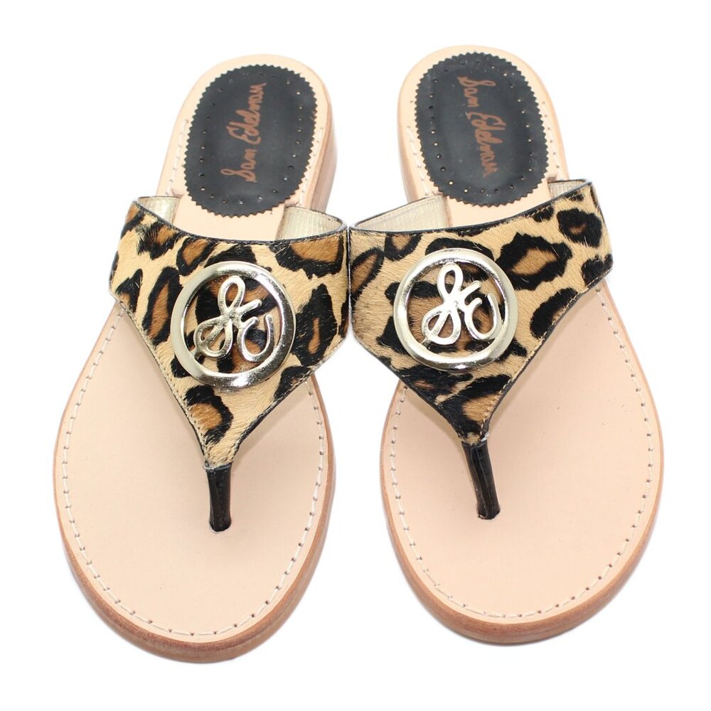 SAM EDELMAN Genuine Calf Fur Leopard Print Thong Slip On Sandal Shoes - Size 8M